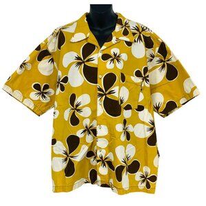 MCD Men Yellow Brown Hawaiian Aloha Shirt XL Extra Large Floral Short Sleeve